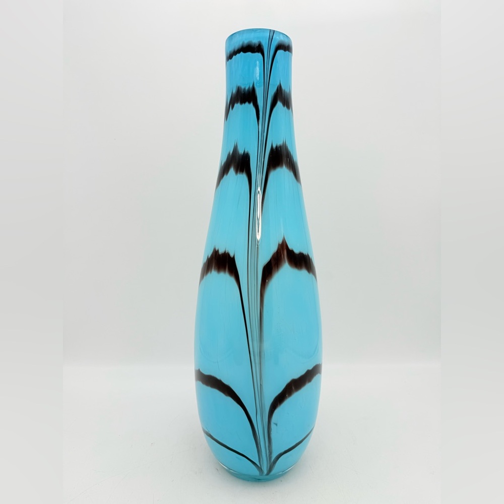 Vintage Blue Art Glass Vase | Black Striped Zebra Pattern
